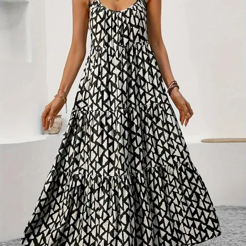 Women's All Over Geometric Print Cami Dress, Casual Sleeveless Spaghetti Strap Tiered Layer Dress for Summer, Bohemian Print Dresses, Ladies Clothes for Beach Holiday, Bohemian Casual Wear, Bohemian Style Dresses