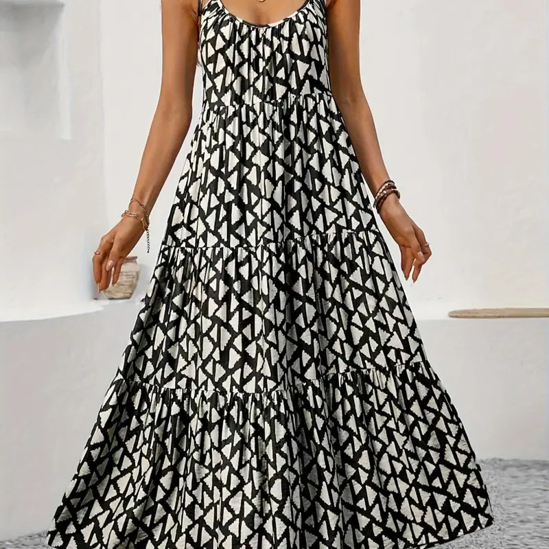 Women's All Over Geometric Print Cami Dress, Casual Sleeveless Spaghetti Strap Tiered Layer Dress for Summer, Bohemian Print Dresses, Ladies Clothes for Beach Holiday, Bohemian Casual Wear, Bohemian Style Dresses