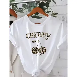 Plus Size - Plus Size Women'S T-Shirt - Cherry & Leopard Print, Casual Crew Neck, Medium Stretch Fabric, Spring/Summer/Fall Fashion Top with Applique Detail, Autumn Casual Wear Top Stretchy Fabric Tee