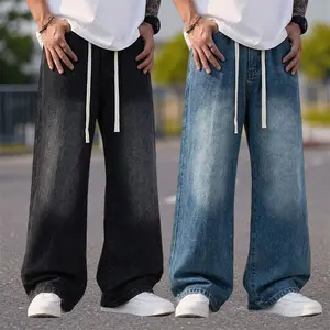 Men’s 2-Pack Classic Gradient Distressed Wide-Leg Jeans - Menswear Loose Elastic Drawstring Waistband, 2-Tone Retro Soft Denim Pants for Casual Streetwear Bottoms