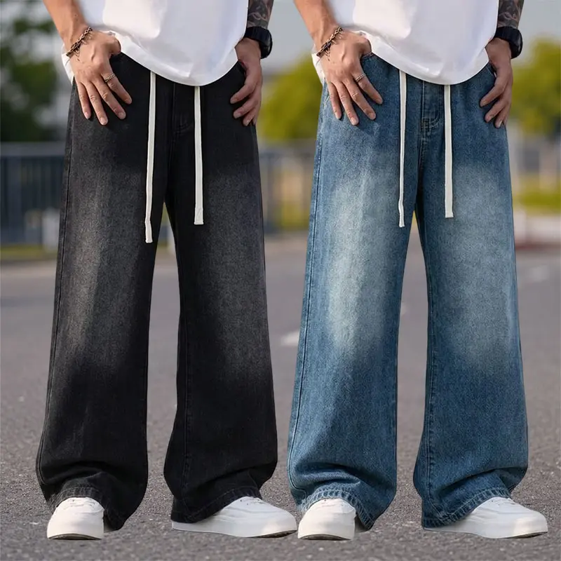 Men’s 2-Pack Classic Gradient Distressed Wide-Leg Jeans - Menswear Loose Elastic Drawstring Waistband, 2-Tone Retro Soft Denim Pants for Casual Streetwear Bottoms