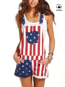 Women's Summer Sleeveless Denim Overall Shorts, Multi-Pocket Rolled Hem, Striped American Flag Design, Casual Loose Fit, Independence Day