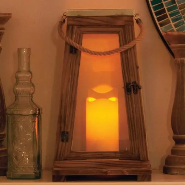 Wooden Window Glass Lantern with LED Light, Batteries, Automatic Timer-On/Off Switch, Handle - 15 in. H Natural Wood Body, Stainless Steel Top, Indoor-Outdoor Home Decor Candle Holder