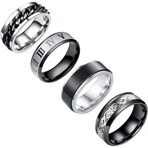 Stainless Steel Ring Set (4pcs Band), Men's Wedding Rings, Cool Spinner Rings, Black, , , Blue, 8mm Width, Unisex
