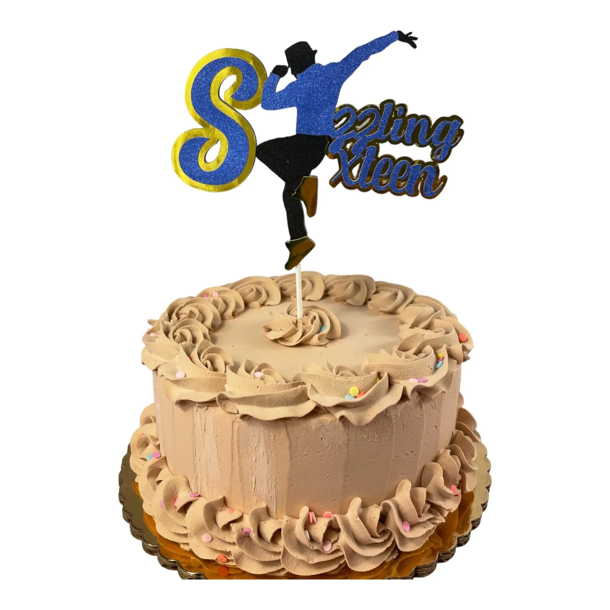 Creativity Shimmers Sizzling 16, 16th Boy's Birthday Cake Topper Multilayered, Multicolored Blue black Gold Glitter