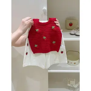 Girls' New Cute 2pcs Set: 3D Strawberry Ice-Feel Tank Top + Strawberry Print Trendy Wide-Leg Shorts| Style Outfit, Perfect Outdoor