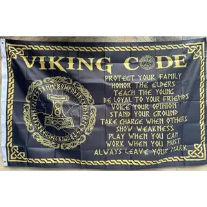 Viking Codex Flag 3x5ft - Viking Men's Gift, Norse Mythology Values and Principles, Black Background with Red Text, Ideal for Living Room Decor