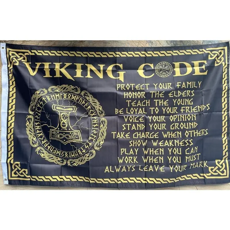 3x5ft Viking Codex Decorative Banner - Large Scale Norse Themed Tapestry, Black Background with Red Text, Man Cave & Adult Room Decor for Instant Wall Atmosphere