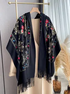 Women's Fall Winter Warm Embroidered Scarf Boho Windproof Shawl, Floral Pattern, Casual Fitted Fashion Accessory