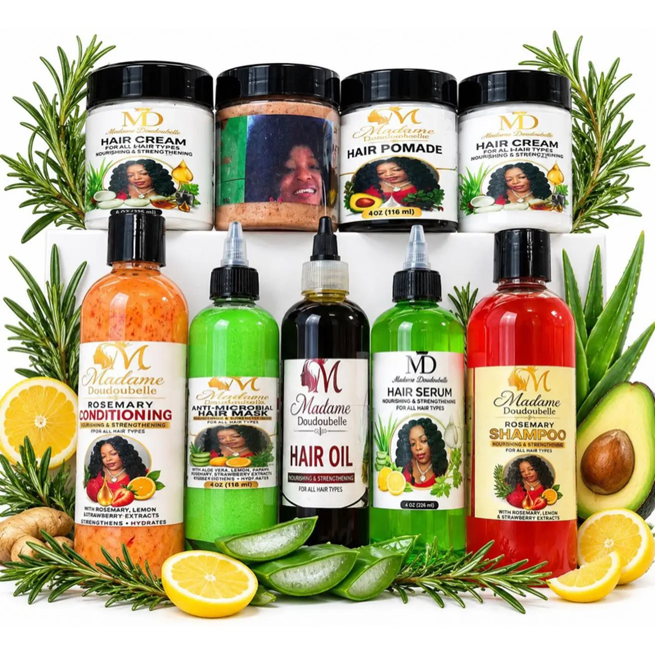 Madame Doudou Complete Hair Care Set 9 Pieces - Shampoo & Conditioner 8 oz, Hair Oil, Pomade, Mask, Cream, Protein, Serum 4 oz