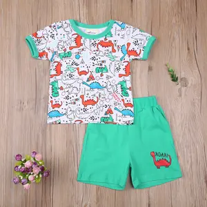 Kids Boys 2-piece Outfit Set Short Sleeve Cartoon Dinosaur Print Tops+Shorts Set for Children Boys