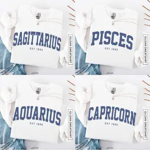 (LEAVE A NOTE OR DM SHOP) Personalized Zodiac Sweatshirt with Custom Year - White, Astrology Crewneck Pullover, Cute Horoscope Gift, Unisex Star Sign Birthday Outfit for Zodiac Lovers - AL