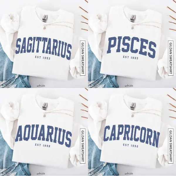 (LEAVE A NOTE OR DM SHOP) Personalized Zodiac Sweatshirt with Custom Year - White, Astrology Crewneck Pullover, Cute Horoscope Gift, Unisex Star Sign Birthday Outfit for Zodiac Lovers - AL