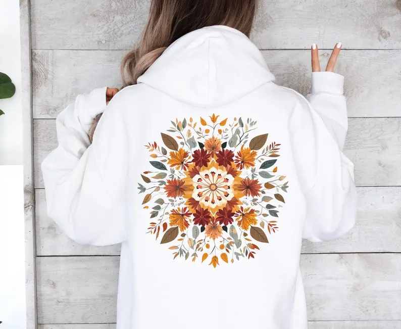 Wildflowers Boho Hoodie, Cottagecore Sweatshirt, Floral Minimalist Sweater, Autumn Mandala Pullover, Gift for Her, Comfy Unisex Hoodie