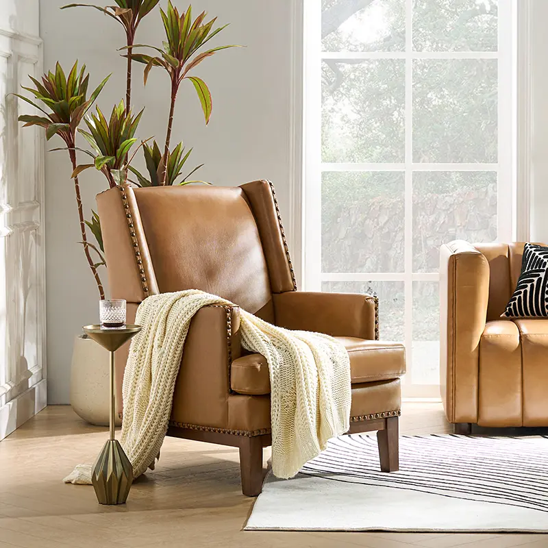 HULALA HOME Full-Grain Leather Armchair Mid-Century Modern Accent Chair with Solid Wood Frame Removable Cushion Nailhead Trim Sturdy Wood Legs Upholstered for Living Room Bedroom Office