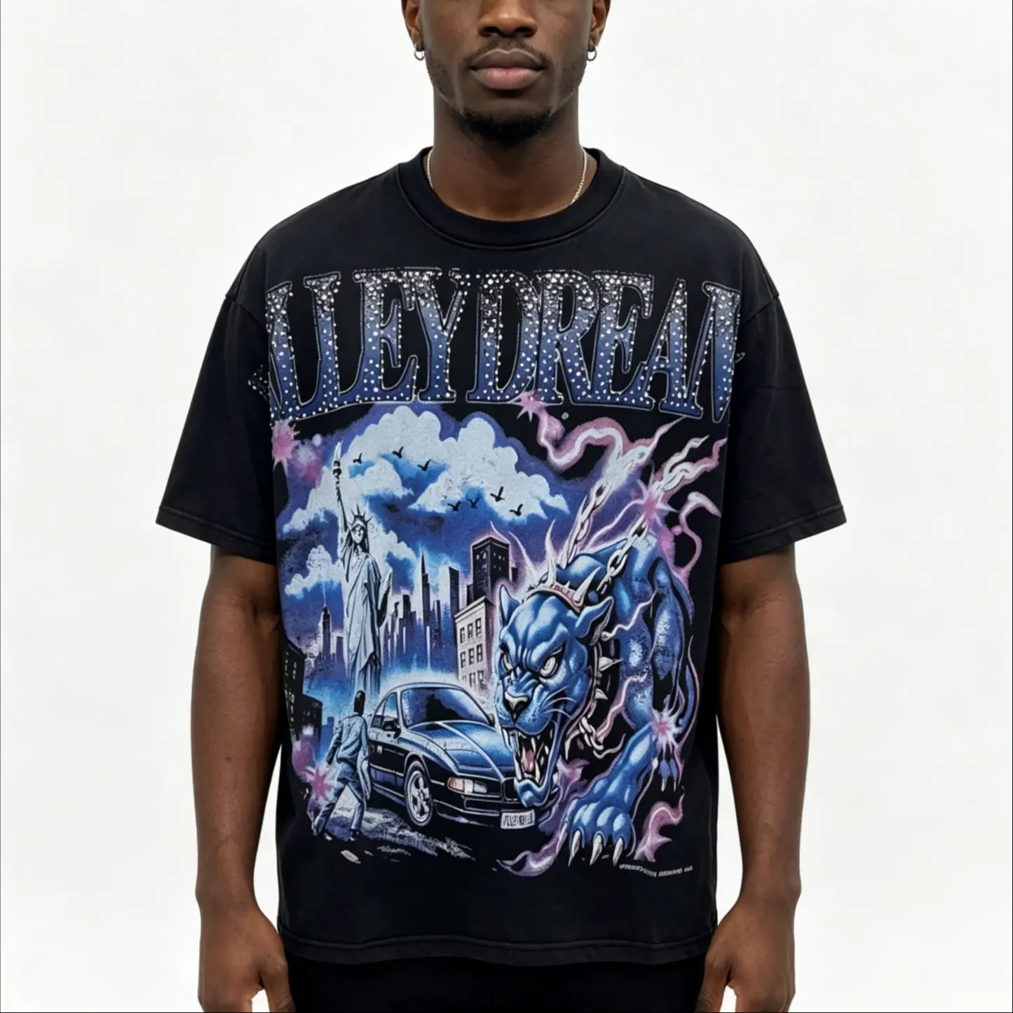 VALLEY Washed Graphic T-Shirt Men's Oversized Black Cotton Tee Vintage Hip Hop Streetwear Short Sleeve Summer Casual Y2K Urban Fashion Easter Gift