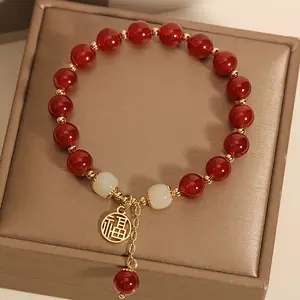 Elegant Red Agate Beaded Bracelet with Gold Accents - Traditional Style, Smooth Polished Beads, Perfect Gift for Women for Casual Wear or Special Occasions