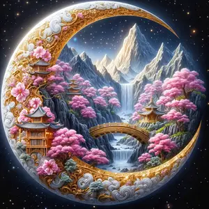 Large Size Unframed Round Diamond Painting Kit, Moon Island, 5D Diamond Painting Complete Artificial Rhinestone Mosaic Painting Kit for Beginners, Diamond Painting Gemstone Home Wall Decoration Gift