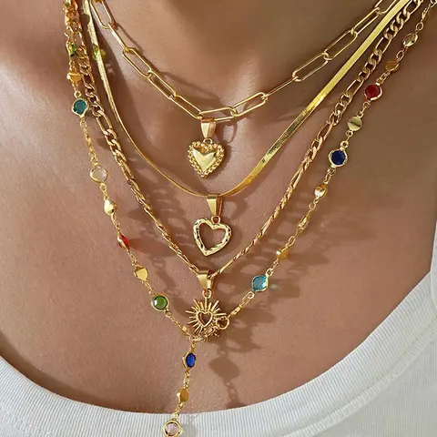 Vintage Snake Bone Chain Heart Pendant Colorful Crystal Multi-Layer Necklace Set, Women's Party Versatile Long Fringe Necklace, Heart Shaped Necklace, Heart Pendant Necklaces, Trendy Necklace, Layered Necklace, Necklace Stack, Stackable Necklace