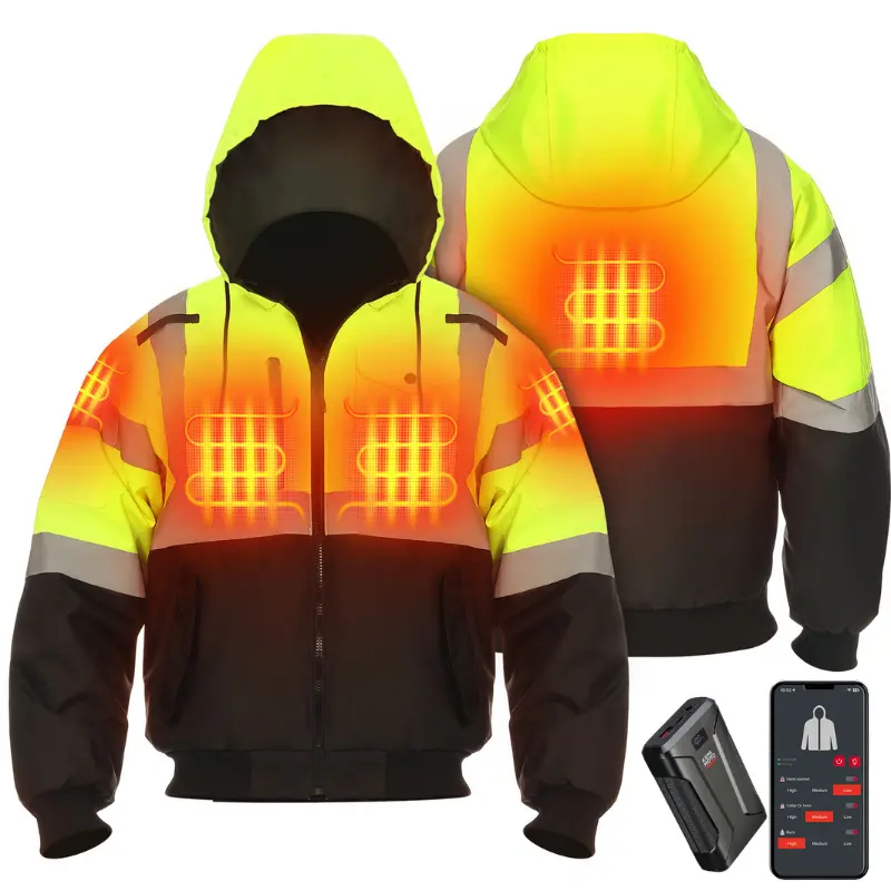 KEMIMOTO Men's Heated High-Visibility Safety Jacket - 3.7V 20000mAh Waterproof Winter Work Coat with Reflective Design for Cold Weather Automotive, Motorcycle Use
