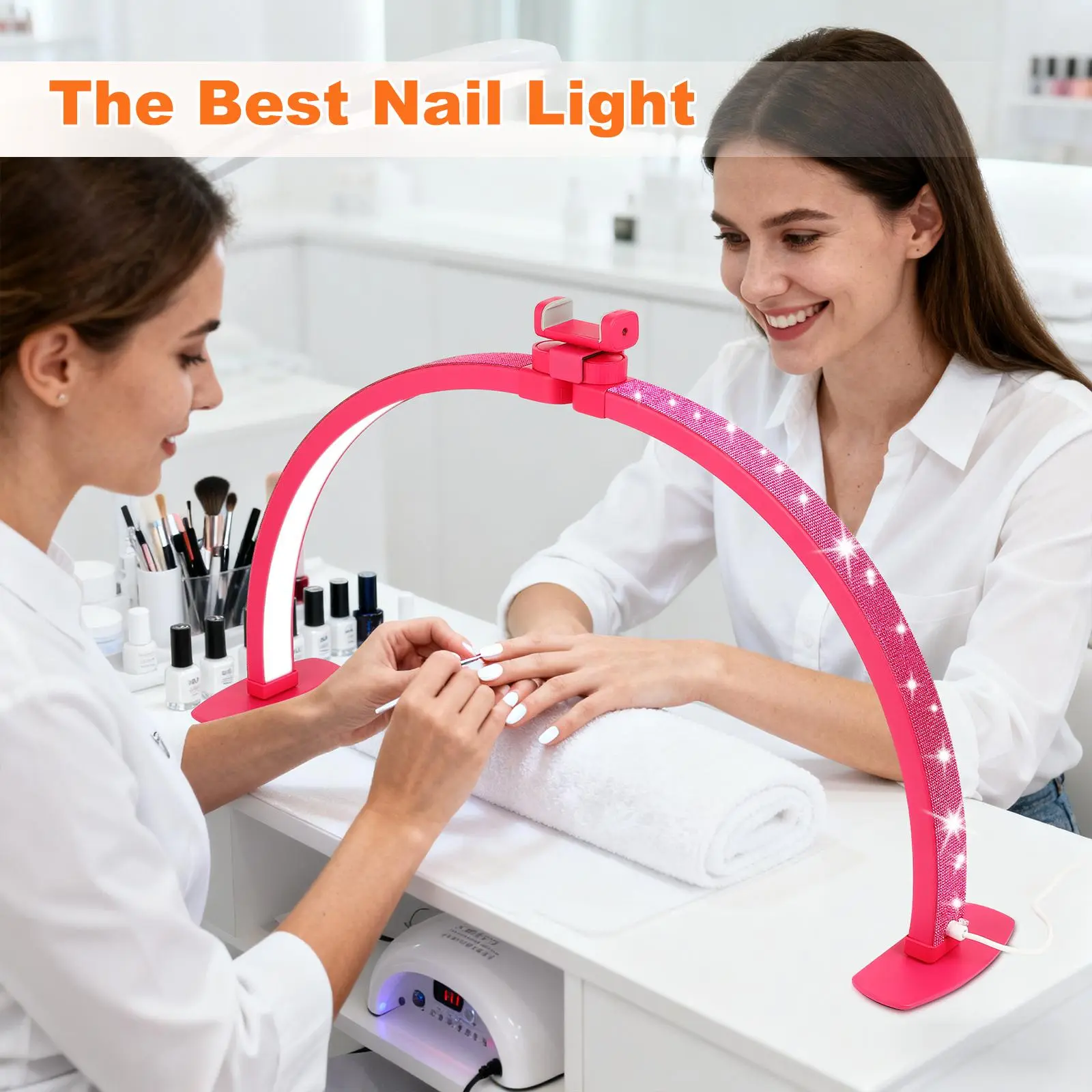 Half Moon Nail Lamp for Techs 2026 Upgraded- 28IN Folding LED Light with Phone Holder, No Black Hands, 10 Dimmable Brightness Levels, Professional Half-Moon Lamp for Nail Art, Eyelash Extension & Tattooing