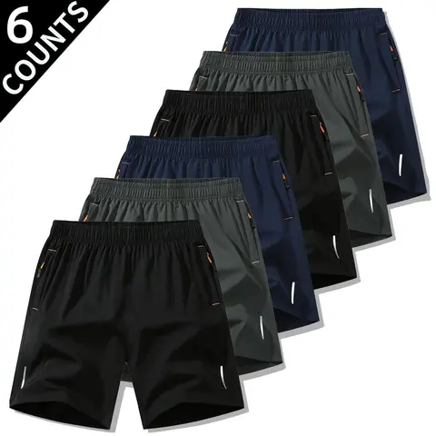 Men's 6-Pack Anti-Wrinkle Solid Athletic Training Sports Shorts - Quick-Dry, Breathable Polyester Blend Set with Reflective Strips, Casual Active Wear for Running, Gym (Spring, Summer), Athletic Training Men's Sports Shorts