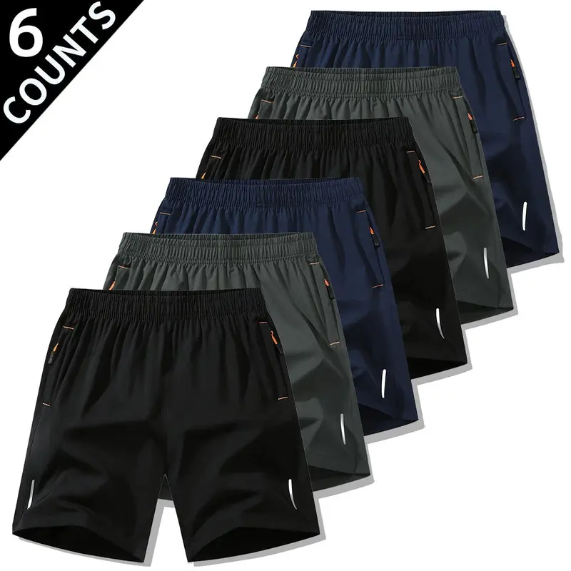 Men's 6-Pack Anti-Wrinkle Solid Athletic Training Sports Shorts - Quick-Dry, Breathable Polyester Blend Set with Reflective Strips, Casual Active Wear for Running, Gym (Spring, Summer), Athletic Training Men's Sports Shorts