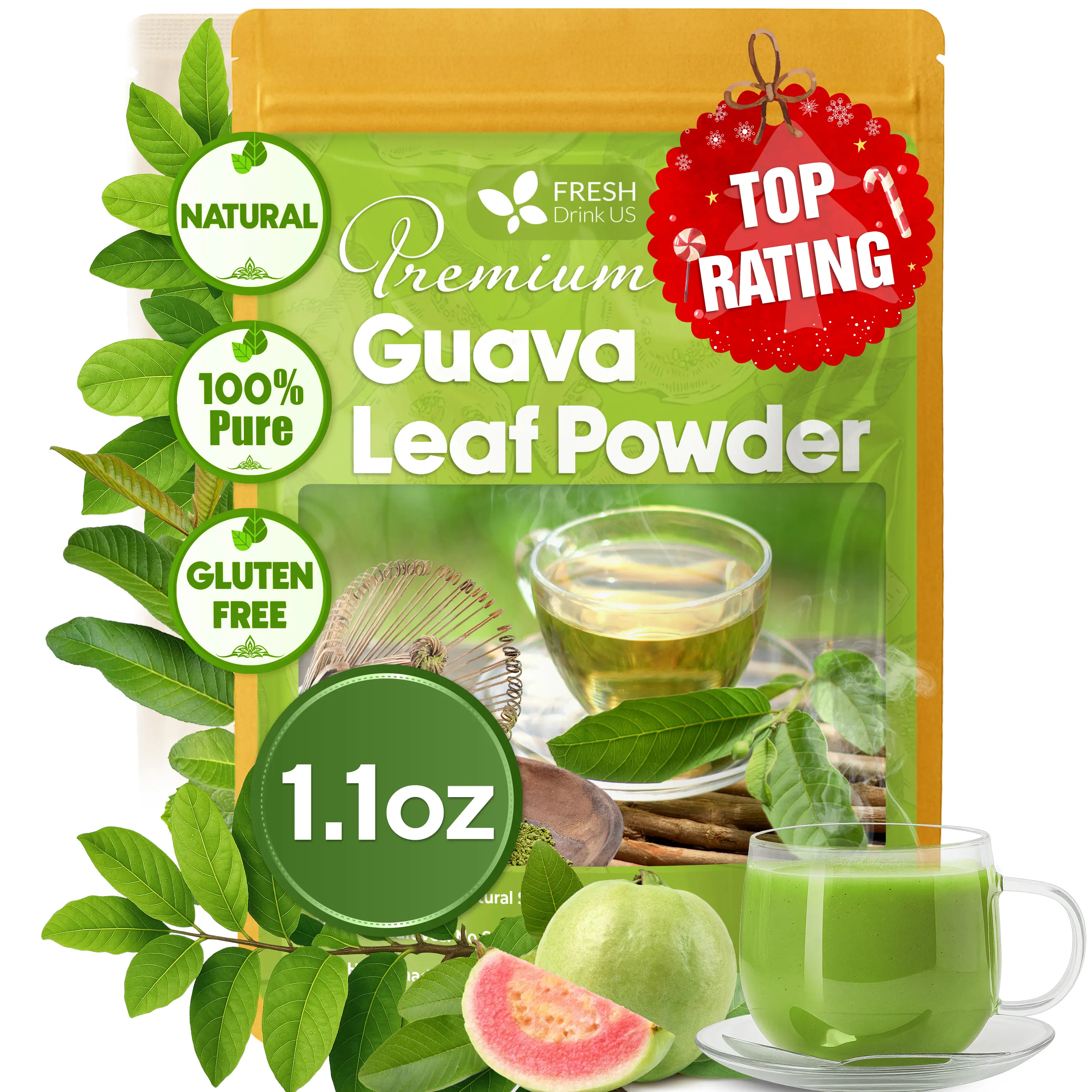 FreshDrinkUS, Premium 1.1oz Guava Leaf Powder, 100% Natural & Pure from Guava Dried Leaves, Guava Leaf Tea, No Additives, No Gluten, Vegan.