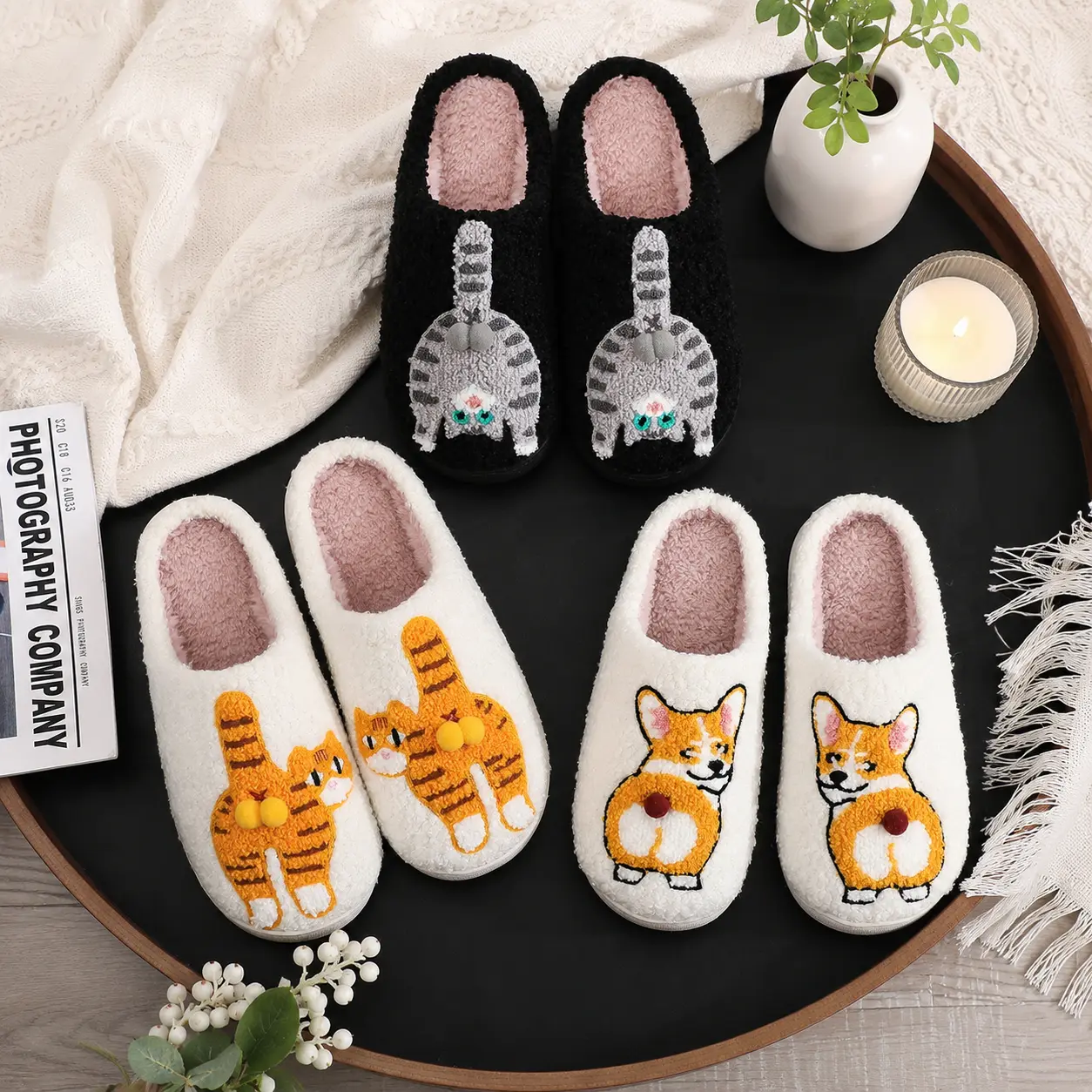 Casual Fuzzy Warm Slippers for Women, Cute Cat Animal Print Soft Fluffy Plush Footwear for Indoor Use, House Slippers, Soft Fluffy Footwear, Indoor Home Footwear