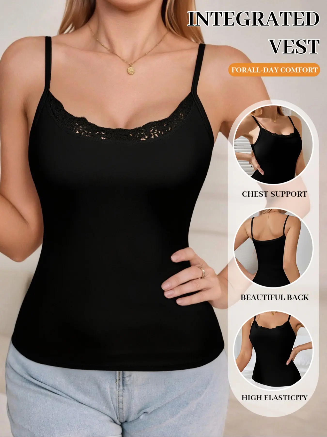 Lace Embellished Seamless Tank Top, Elegant Spaghetti Strap, Lightweight Comfortable Slimming Shaping, All-Day Wear, Elegant Sexy, Multiple Colors Available
