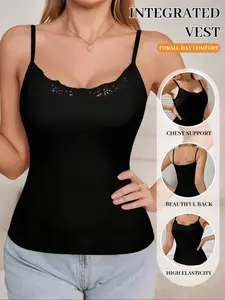 Lace Embellished Seamless Tank Top, Elegant Spaghetti Strap, Lightweight Comfortable Slimming Shaping, All-Day Wear, Elegant Sexy, Multiple Colors Available