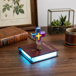 Maglev Cross LED Night Light - 360° Rotating Color-Changing Christian Decor with Book/Galaxy Base for Bedroom & Office