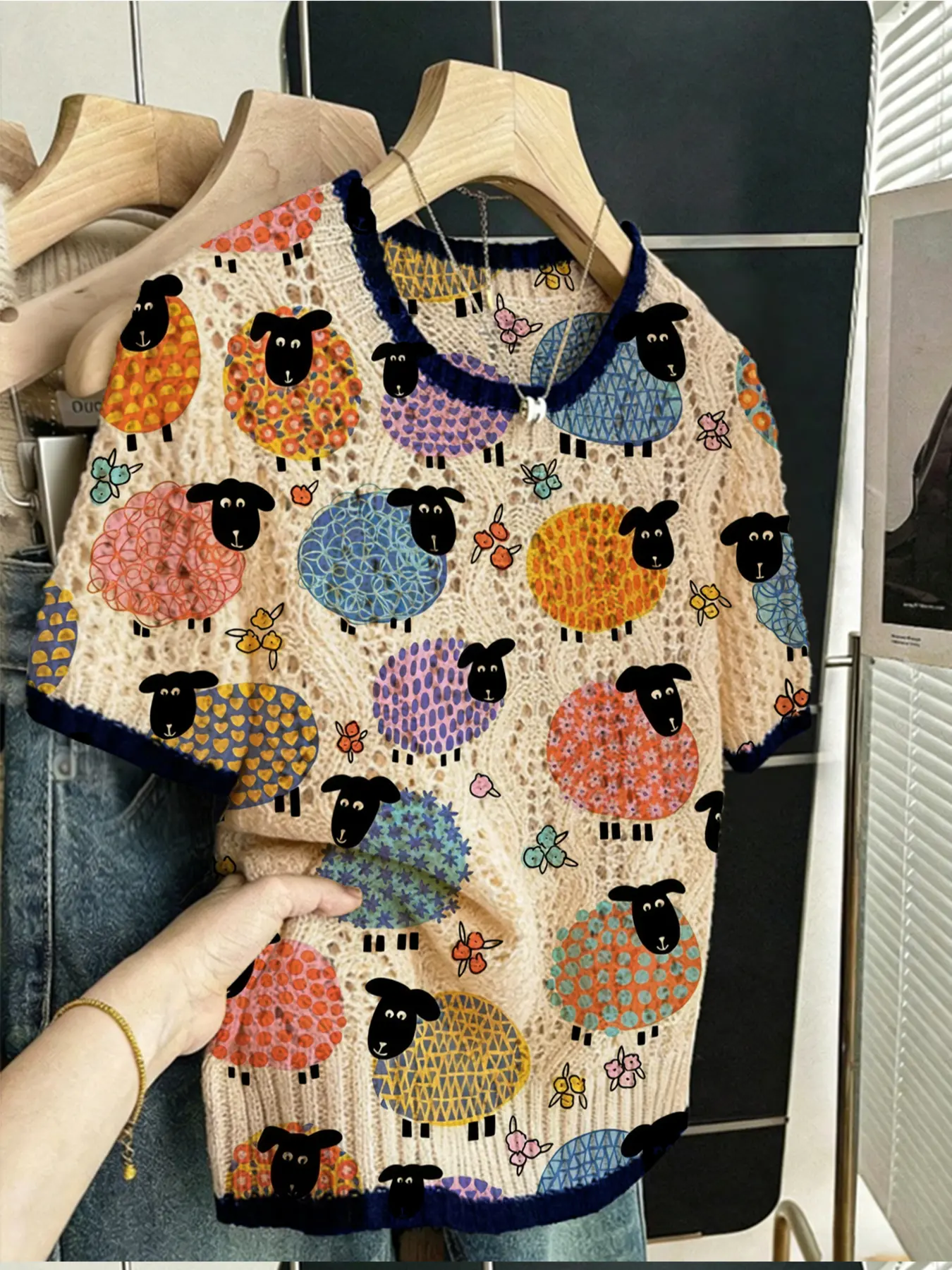 Women's Vintage Farmhouse Style Sheep Print Sweater, Round Neck Short Sleeve Knit Top, Casual Breathable Hollow Design, All Seasons Wear