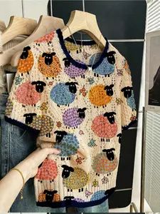 Women's Vintage Farmhouse Style Sheep Print Sweater, Round Neck Short Sleeve Knit Top, Casual Breathable Hollow Design, All Seasons Wear