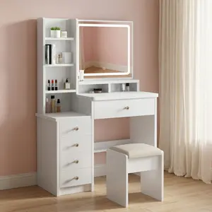 Modern Makeup Vanity Desk with Mirror and Lights, 3Color Adjustable Lighting,Makeup Table With storageshelves and 5 Sliding Drawers, Dressing Table Set forBedroom