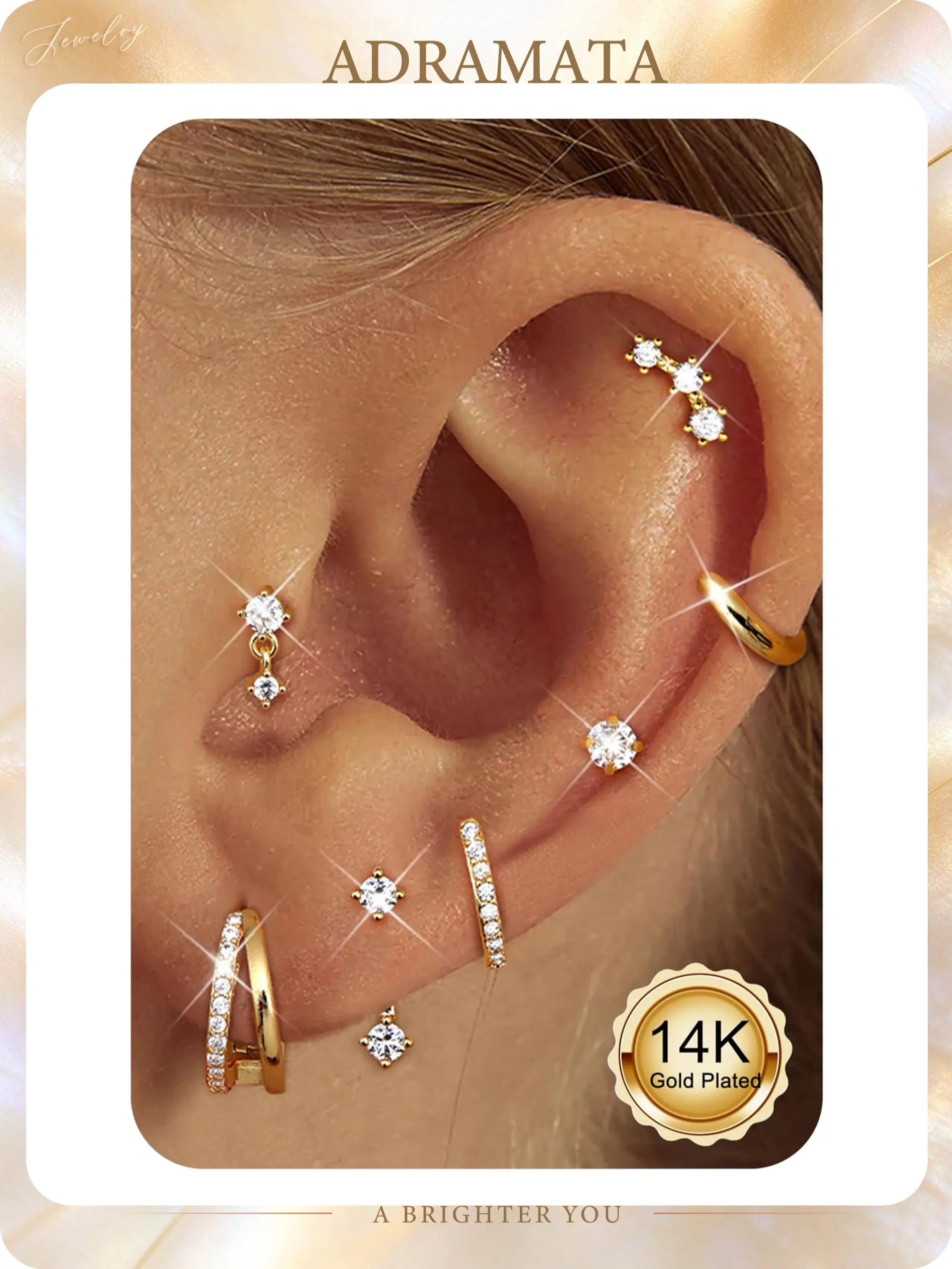 7 PAIRS Hypoallergenic Gold Plated Earring Stacks Women Cartilage Stud Hoop Set