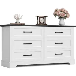 Farmhouse Dresser for Bedroom, 6 Drawers Dresser, Wood Chest of Drawers, 52" Wide Storage Dressers Organizer for Bedroom