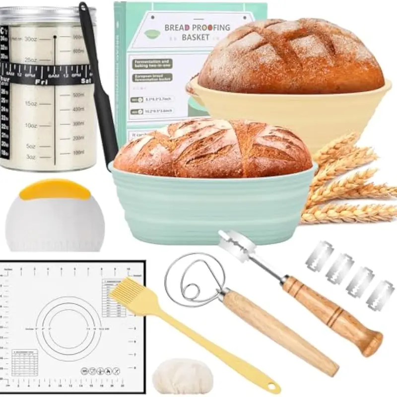 Beginner-Friendly Sourdough Starter Bakeware Kit (Kitchenware Baking Supplies) – 34oz Round Glass Jar, 2 Proofing Baskets, Silicone Dough Whisk, Scrapers, Bread Lame, Stencils, Utensils (Includes 24pcs, Assembly Guide, All Seasons Use)