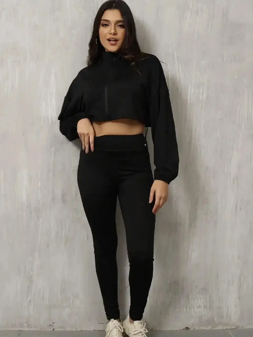 Classic Comfortable Zip Up Cropped Loose Fitting Casual Sweater and Legging Set Top Womenswear Clothing Drawstring, effortless layering, chic everyday, refined casual, versatile piece