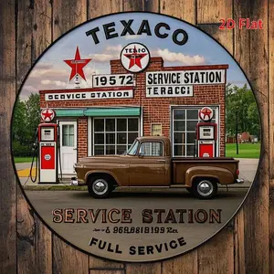2D flat printing, round metal plaque, vintage Texas service station, 8-inch round iron sign wall art, perfect for home décor, garage, living room porch, and bathroom decoration, Vintage Garage Signs