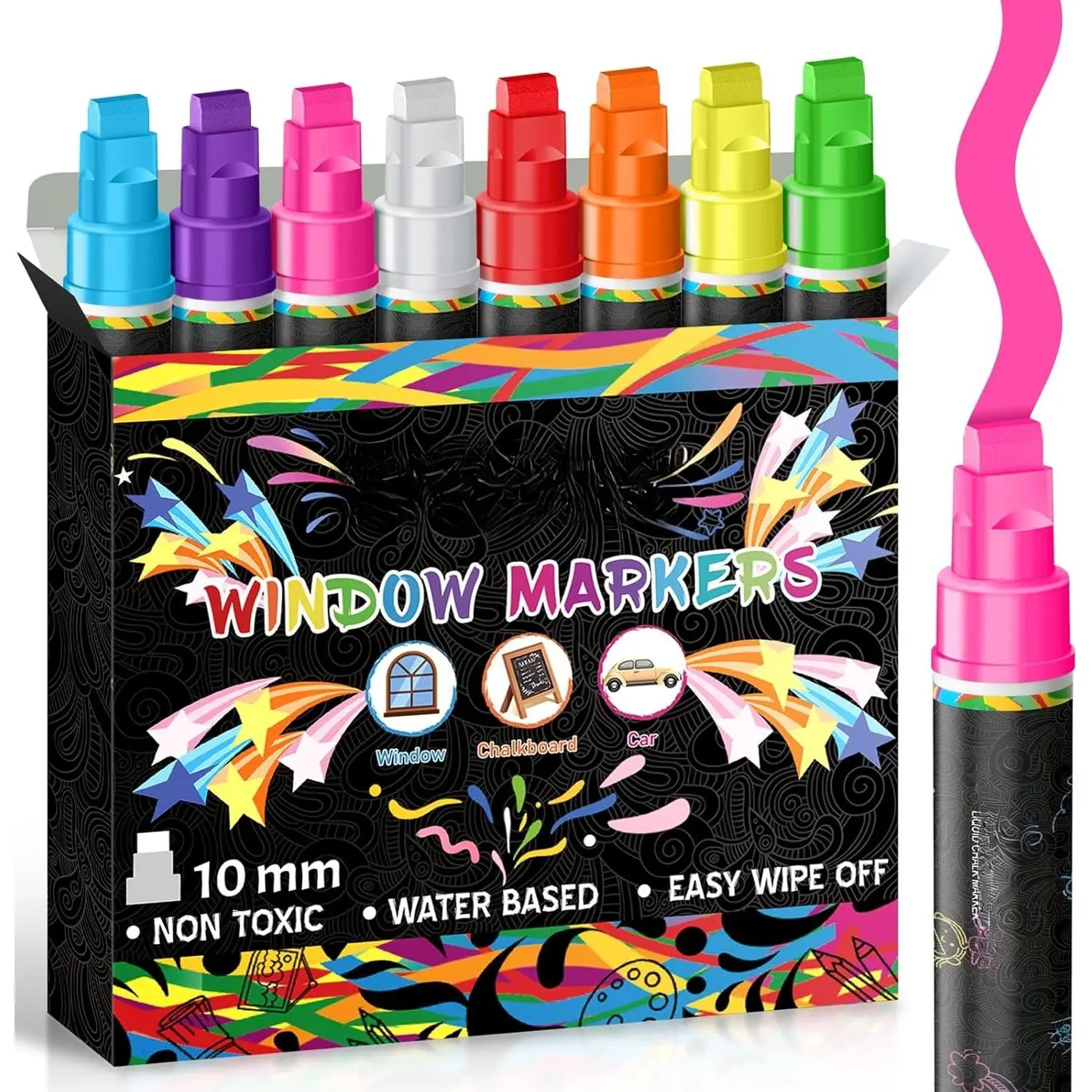 10mm Window Markers,Chalk Markers for Blackboard,Washable  Marker for Chalkboard,Glass Mirror,  Thick Tip Window  markers Erasable for Wedding Married Painting,Menus(8 Colors