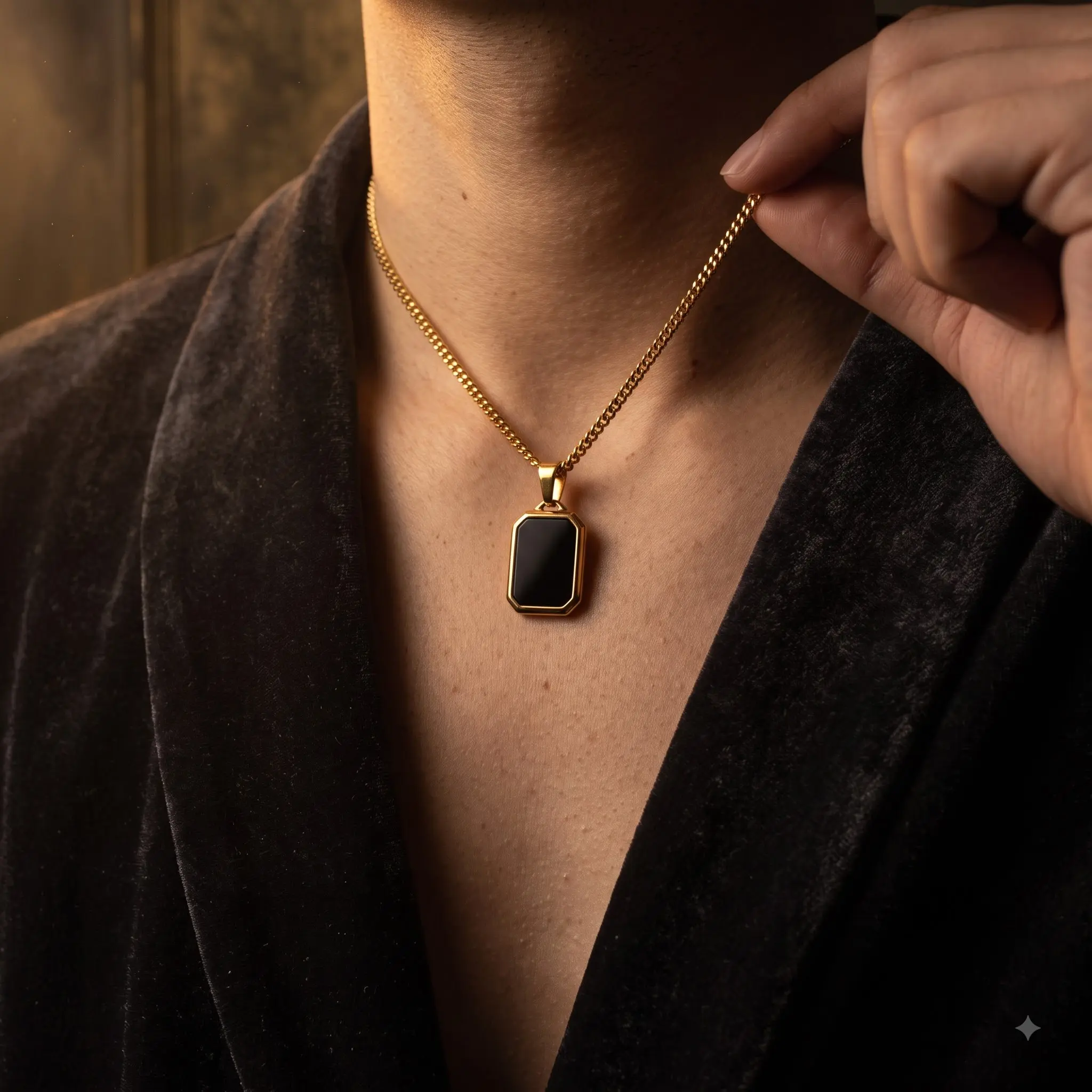 18K Gold Onyx Pendant Necklace Cuban Link Chain Stainless Steel - Black Stone Pendant