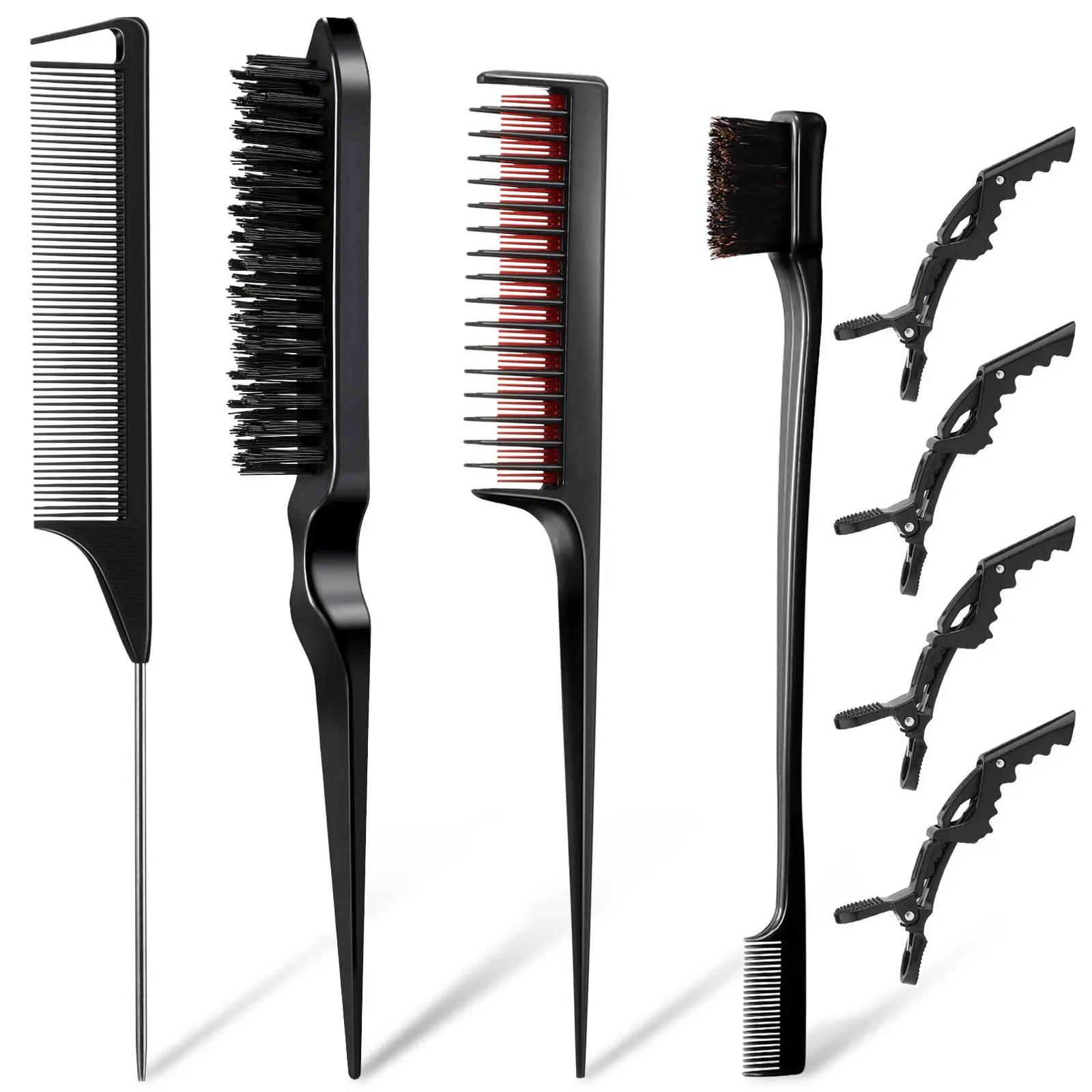 Hair Styling Comb Set for Women - Rat Tail Comb, Edge Brush & Sectioning Clips - Sleek Ponytail, Curly Hair & Baby Hair Styling Tools Detangling Smoothing