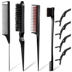 Hair Styling Comb Set for Women - Rat Tail Comb, Edge Brush & Sectioning Clips - Sleek Ponytail, Curly Hair & Baby Hair Styling Tools