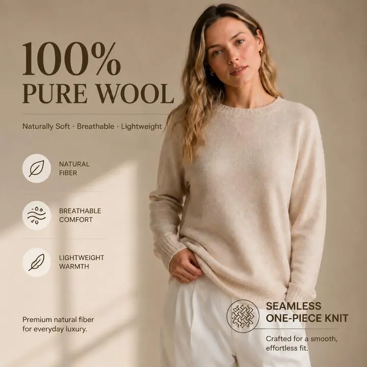 KK9702 Women's 100% Wool Sweater Seamless Knit Crew Neck | Women's Sweater, Wool Jumper Knitwear Womenswear Tops Long Sleeve