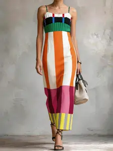 Women's Summer New Beach Vacation Fashion Casual Boho Chic Strappy Striped Dress, Zipper Split Multi-Color Slimming Long Dress, Trendy and Comfortable Womenswear
