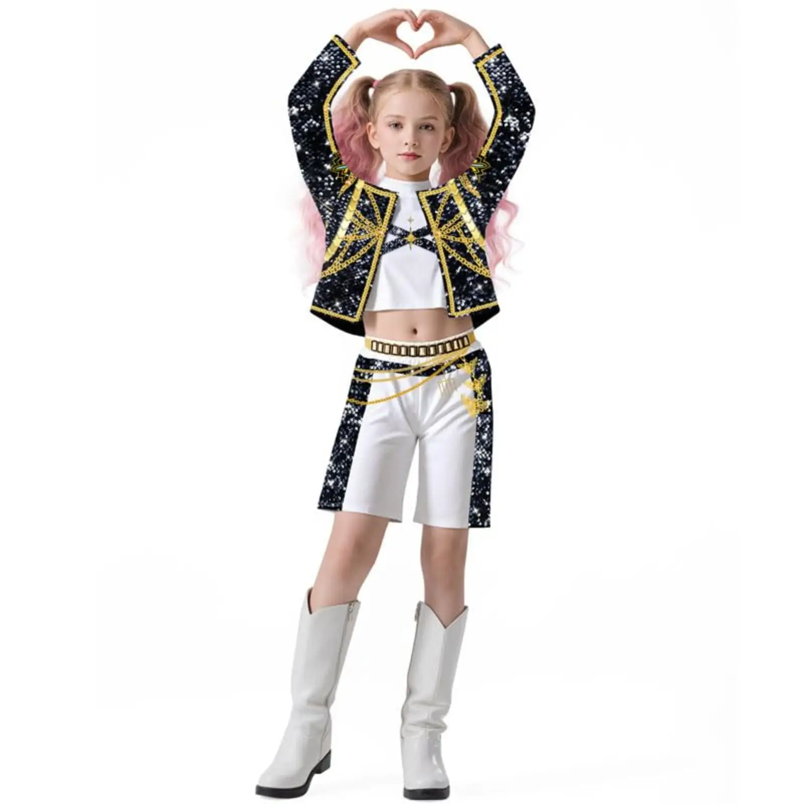 KPop Demon Hunters Costume for Girls 3-Piece Set | Halloween K-Pop Dance Outfit with Embroidery & Gold Chain Print | Performance Top, Shorts & Accesso