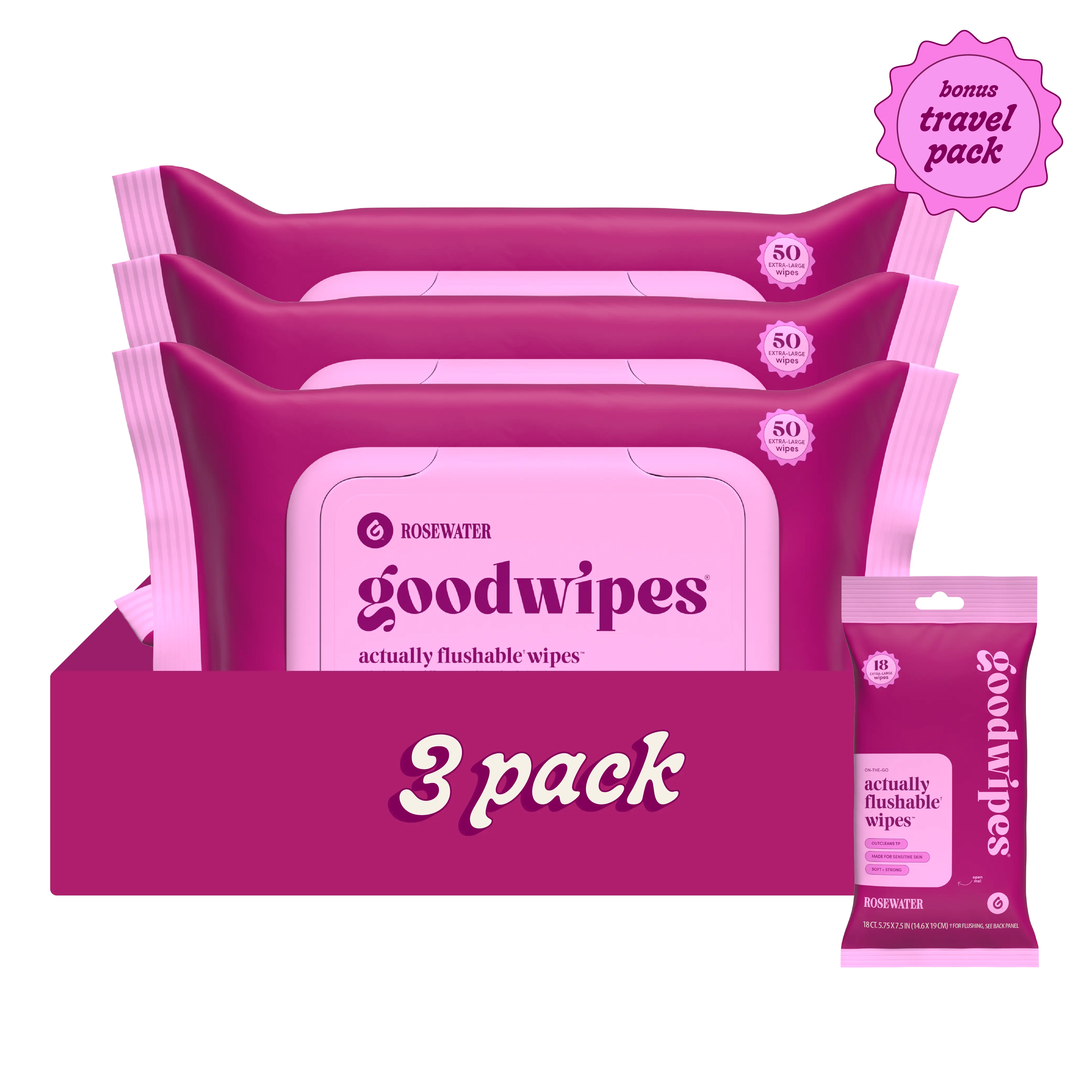 Rosewater Goodwipes - Extra Large Flushable Wipes, 40% Larger Than Average, Plant-Based Fibers, Safe for Sewer & Septic Systems, 50 Count + Travel Pack Disposable Face Towelettes Disposable Multi Use