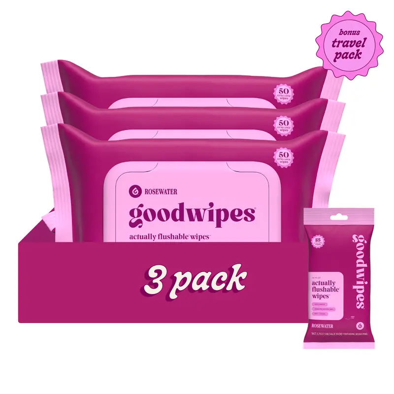 Rosewater Goodwipes - Extra Large Flushable Wipes, 40% Larger Than Average, Plant-Based Fibers, Safe for Sewer & Septic Systems, 50 Count + Travel Pack Disposable Face Towelettes Disposable Multi Use
