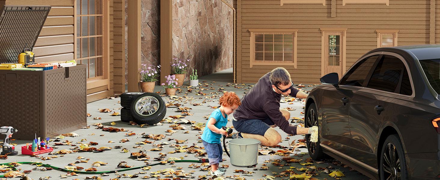 【GARVEE】120 Gallon Heavy Duty Outdoor Storage Box - Waterproof Deck Box for Patio Furniture Cushions and Garden Tools, Featuring Gas Lift Lid and Seat, All-Weather Resistant, Easy Assembly, Available in Brown and Black